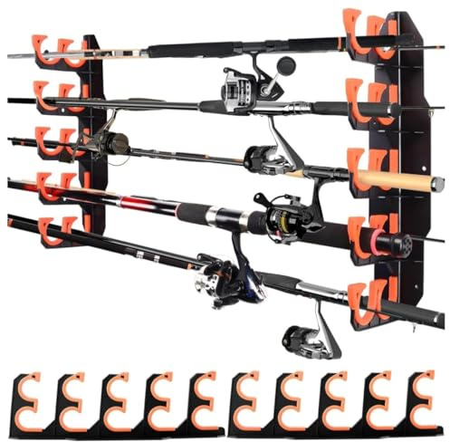SunYoda Fishing Rod Rack Holds Up to 10 Rods, Wall & Ceiling Mounted Fishing Rod Holder, Fishing Pole Organizer for Garage, Fishing Gear Gifts for Men