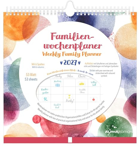 Familienwochenkalender Dots 2027: Familienplaner 30,5x30,5 cm mit 6 Spalten, Stickerbogen, Stifthalter, Schulferien & internationalen Feiertagen, ideal für Familienorganisation