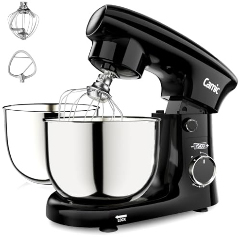 Camic Küchenmaschine mit 3 Zubehörteilen (Knet-, Rühr-, Schneebesen),Teigmaschine mit LED-Display, Zeit einstellen, 10 Geschwindigkeitsstufen, 2 Edelstahlschüsseln 4L+5L, für Teig, Brot, Pizza, Kuchen