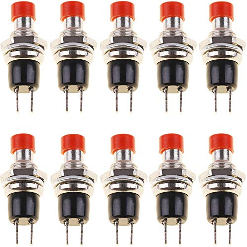 Oiyagai 10 Piezas de Botón Pulsador Mini Micro PBS-110 PBS-105B, 1A 250V CA, SPST, Interruptor Momentáneo SIN Bloqueo, Tapa Roja (Normalmente Abierto)