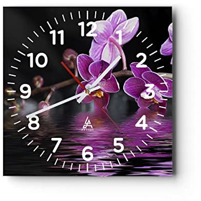 Modern Wanduhr Asien exotisch Orchidee Blume 30x30cm Quadrat Klein Wand Uhr Glas Analog Zimmeruhren Küche Büro Wohnzimmer Glasuhr Wall Clock Dekoration Design Wanddekoration Küchenuhr C4AC30x30-2312
