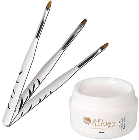 Sun Garden Nails UV French Gel Weiß 30 ml – Hochdeckendes Frenchgel mit perfekter Smile-Line, medium viskos, für UV & LED Lampe, inkl. 3 Gel-Pinsel – Profi & Studio Qualität
