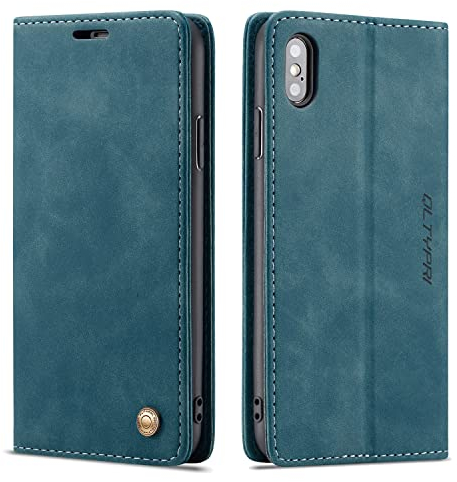 QLTYPRI Hülle für iPhone XS Max, Vintage Dünne Handyhülle mit Kartenfach Geld Slot Ständer PU Ledertasche TPU Bumper Wallet Case Flip Schutzhülle Kompatibel mit iPhone XS Max - Blau
