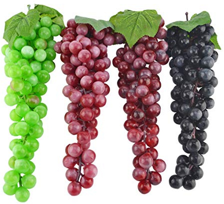 JEDFORE 12 Inches Artificial Grapes Cluster Rubber Frosted Grape Bundles Decorative Grapes Bunches for Vintage Wedding Favor Fruit Wine Decor Faux Fruit Props (Black, Red, Green, Purple - 4 Pack)