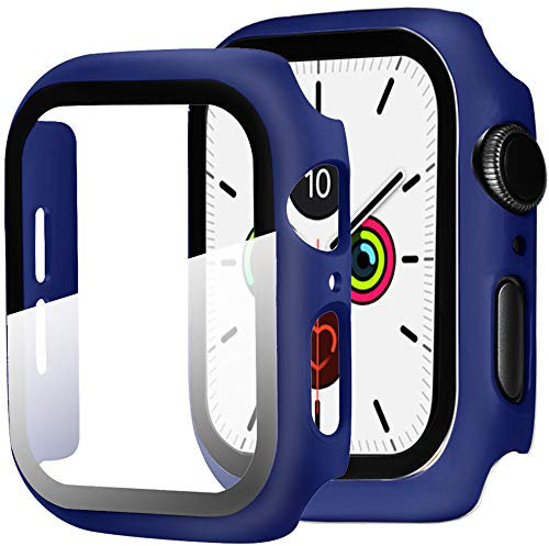 Miimall Funda Compatible con Apple Watch Series 6/5/4/SE 44mm Carcasa Protector Cristal,PC Case Vidrio Templado Alta Sensibilidad Protector Pantalla para iWatch Series 6/5/4/SE - Azul Medianoche