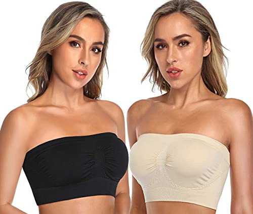 ANGOOL Bandeau Bra Seamless Non Padded Strapless Bra Boobtube Style Stretch Basic Layer Soft Bralette, Black+Beige, M Fit 32DD 36B 36C 38B 38C