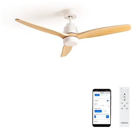 CREATE / WINDSTYLANCE DC/Ventilador de techo blanco aspas madera natural con Wifi y mando / 40W, Silencioso, Ø132 cm, 6 velocidades, temporizador, verano-invierno, doble altura, motor DC