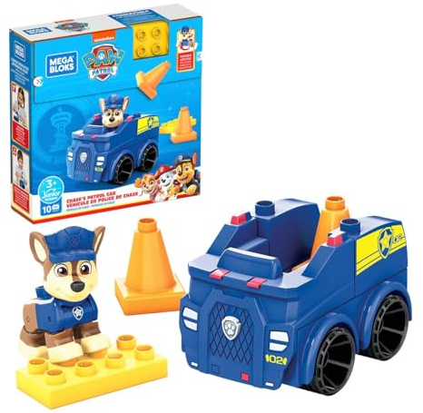 MEGA HDJ33 - Mega Bloks PAW Patrol Polizeiauto-Bausatz, 10 Bauklötze und Sonderteile mit 1 Chase-Figur, Pylonen-Kegel und rollendem Radstand, Spielzeug-Geschenkset für 3-5 Jahre