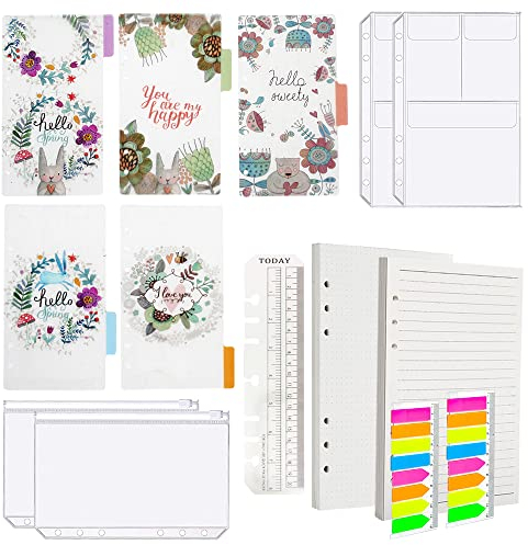 SRunDe A5 Karierte Nachfüllpapier Set A5 Ordner 6 Ringe Zubehör 2 x 45 Blätter / 90 Seiten 2 x Farbige Haftnotizen 5 x Farbige Trennblätter 4 x Umschlägbeutel 1 x 20 cm Lineal für Notizbuch