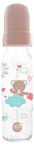 Biberon Régul’Air 240 ml dBb Remond en verre borosilicate - tétine silicone spéciale Nouveau-Né anti-coliques - décor ourson taupe