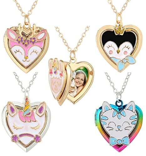 Pinkgarden Herz Medaillon Halskette Bild Halskette für Mädchen Frauen Junge Kinder Foto Geheimnis innerhalb Lagerung Vintage Halskette Einhorn Hirsch Katze Anhänger Kinder Geschenke Schmuck Junge Mädc
