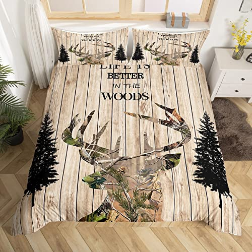 Loussiesd Hirsch Silhouette Bettbezug 135x200 Hirschgeweih Bettwäsche Teenager Mädchen Rustikales Holzbrett Bettwäsche fürs Bett bettdecke Jugendzimmer Bauernhaus Schlafzimmer Deko Bäume Äste Blätter