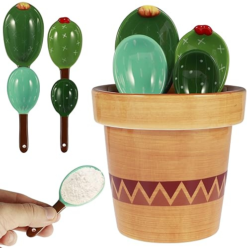 SDYGDB 4Pcs Porcelain Measuring Spoons Set with Base Cute Cactus Shape Stirring Soup Spoon Reusable and Ceramic Flower Pot Measuring Spoon Set for Home Kitchen(Wavy Bottom)
