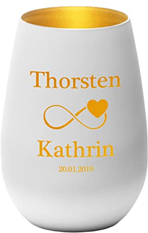 Teelichthalter aus Glas in weiß-Gold mit Wunschgravur - Motiv Unendlichkeitszeichen - kreative Dekoidee - personalisiertes Hochzeitsgeschenk - robust, widerstandsfähig - Hochzeit, Jahrestag