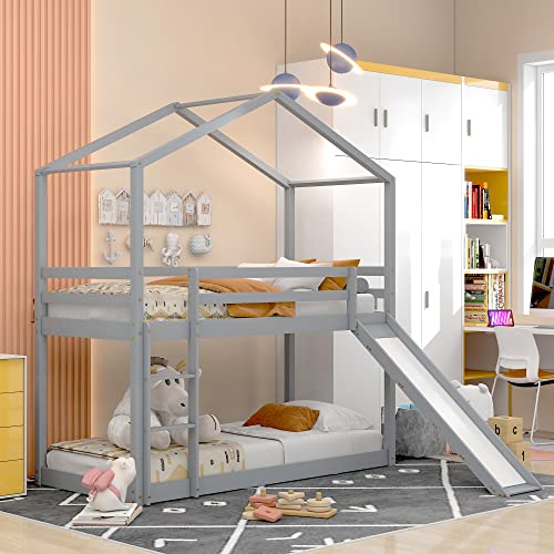 Kayan Kinderbett Hausbett, Niedriges Etagenbett mit Rutsche, Massivholz-Etagenbettrahmen mit Lattenrost 90 x 200 cm, Grau (Grau)