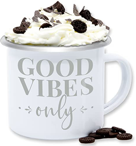 Emaille Tasse Blechtasse - Statement Sprüche - Good Vibes only Lettering - 300 ml - Weiß Silber - sarkasmus spruch spruechen sprüche, sprueche mit sprüchen stoffbeutel lustige