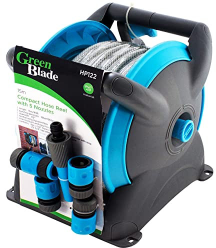 15M Green Blade Professional Compact Garden Hose Reel + 5 Adjustable Nozzles Water Irrigation Pipe Free Standing & Wall Mounted with Spray Fittings Set Home Patio Indoor Outdoor Gardening UK Free P&P