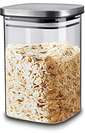 KHG Vorratsglas mit Deckel Silber Metall, Höhe 15,5 cm, Aufbewahrungsgläser quadratisch modern, Glas Vorratsdosen luftdicht & BPA-frei, ideal für Lebensmittel, Deko & Utensilien