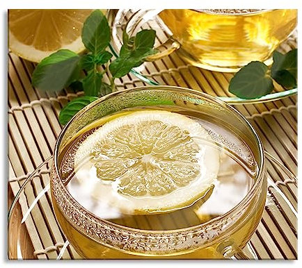 GrünerTee mit Zitrone Herdabdeckplatte & Spritzschutz aus Echtglas | Für Herd-Kochfelder | 60x52 cm