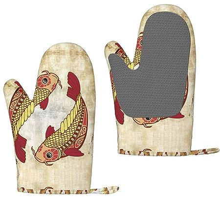 Ofenhandschuhe Set mit 2 schönen Fisch-Druck Silikon Ofenhandschuhe hitzebeständig bis 250 °C Küche Ofenhandschuhe Topflappen zum Kochen