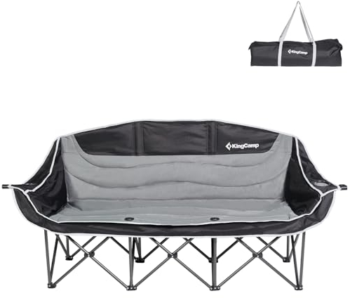 KingCamp Dreisitzer Campingstuhl Faltbar bis 450 kg, Klappstuhl Camping für 3 Personen mit Armlehne, Camping Sofa Couch 3 Sitzer Bequem, Übergröße Gartenstuhl Gepolstert Hochlehner, Schwarz/Grau