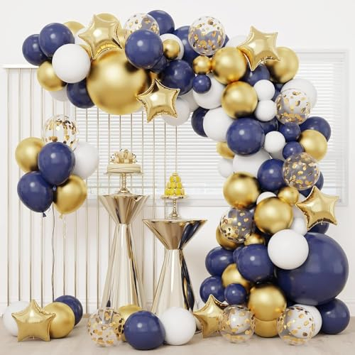 Luftballon Girlande Blau, 128 Stück Ballon Girlande Blau Gold weiß mit Metallic Konfetti Ballons, 18 12 10 5 Zoll Latex Marineblau Ballons für Geburtstag Graduation Jubiläum Neujahr Party Dekoration