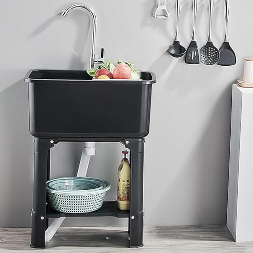 Fregadero de lavandería con grifo y tabla de lavar, bañera de lavandería de plástico Fregadero de cocina de gran capacidad Fregaderos de basura de servicios públicos comerciales,Negro,60cm