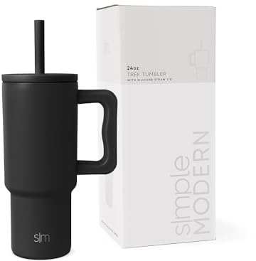 Simple Modern Mug Isotherme avec Poignée et Paille en silicone | Gourde Isotherme en Acier Inoxydable | Tumbler de viaje | Trek | 710ml | Midnight Black