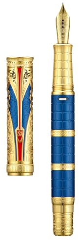 Hongdian D5 Qin Dynasty Füllfederhalter Blau Gold, Extra feine Feder Kolbenfüllstift, Retro Chinesische Totem Gravur Glattes Schreiben Füller mit Stiftebox Set