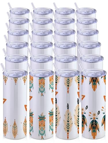 OmniBuy Lot de 24 gobelets de sublimation droits en acier inoxydable de 600 ml avec paille en métal et couvercle - Blanc