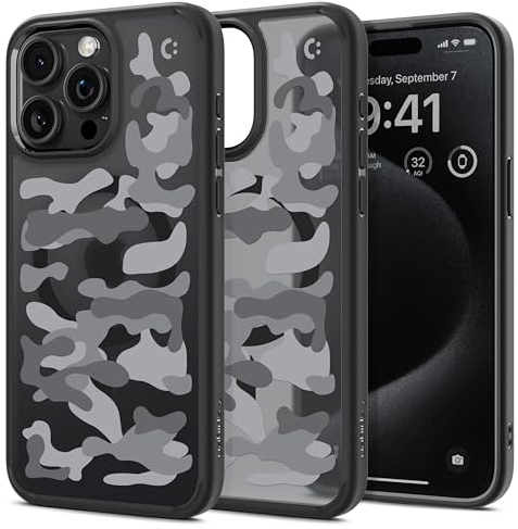 Spigen für iPhone 15 Pro Max Ultra Hybrid Frost MagFit Hülle [Anti-Yellowing] Case Handyhülle Transparent Dünn Slim Kompatibel mit MagSafe -Military Camo Black