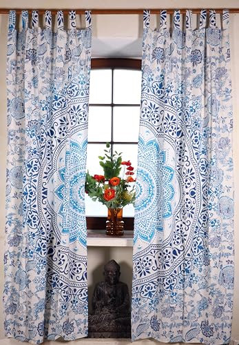 GURU SHOP Boho Vorhänge, Gardine (1 Paar) mit Schlaufen, Handbedruckter Ethno Style Vorhang, Mandala Motiv - Weiß/blau/türkis, Baumwolle, 215x100x0 cm