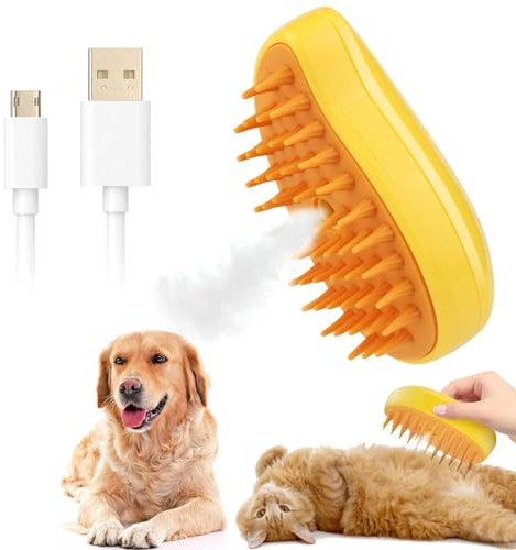 Cat Steamy Brush, Katzenbürste mit Dampf 3-In-1, Dampfbürste Brush Katze Tierhaarbürste Fellbürste Katzen Massagebürste Beseitigen Sie Fliegende Haare für Katze und Hund (Gelb)