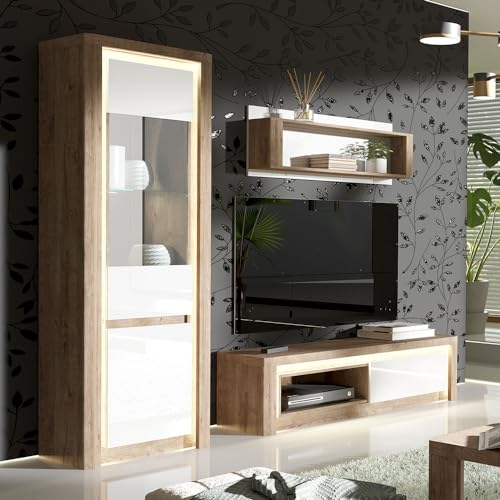 Lomadox Wohnwand Set 3-teilig TV Wand TV Board inkl. Regal Wandregal Schrank Wohnzimmermöbel Vitrinenschrank modern in Eiche mit weiß