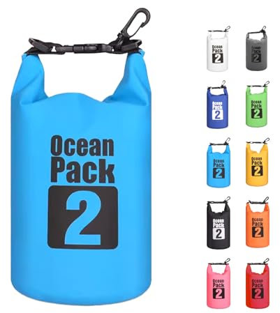 Bleu Ciel 2L Sac étanche Polyvalent, 2L/5L/10L/15L/20L/30L Waterproof Dry Bag avec Longue Bandoulière Réglable Sac à Dos Confort Imperméable pour Bateau/Kayak/Pêche/Rafting/Natation/Camping/Snowboard