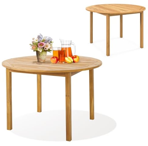 KOMFOTTEU Gartentisch aus Akazienholz, Esstisch Ø 110 cm für 4 Personen, Holztisch rund wetterfest, Terrassentisch für Hof, Terrasse, Rasen