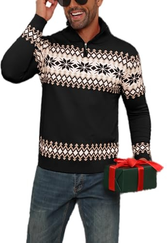 Yukiuiny Herren Weihnachtspullover Half Zip Norweger Strickpullover Kuschelig Weihnachtspulli Lustig Familie Christmas Sweater