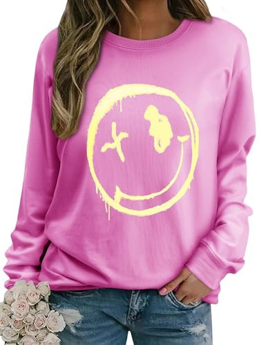 WIEIYM Women Sweatshirt Smile Face Crewneck Pullover Long Sleeve T Shirt Graphic Print Basic Tops Causal Jumpers S-XXL Pink