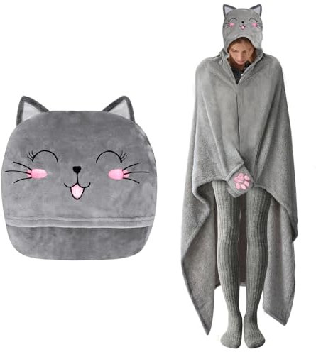 ZQEJEFD Decke mit Ärmeln und Kapuze, Tragbare Decke für Frauen, Kuscheldecke Flauschig, TV-Decke Weich Wohndecke Winterdecke, Geschenke für Frauen Kinder zum Weihnachten, Cartoon Katze Decke 170x200cm
