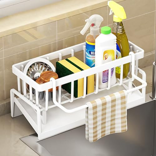 JJIW Porte Eponge evier Cuisine, Organisateur Evier Cuisine En Acier Inoxydable Rangement Eponge Evier avec bac d'écoulement Automatique pour Porte Serviettes, Super Accessoires pour Salle (blanc)