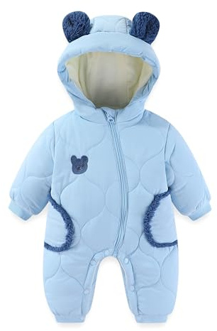 JiAmy Baby Snowsuit Winter Romper Hooded Boys Girls Jumpsuit Bear Thick Windproof Infant Newborn Clothes 6-9 Months Blue