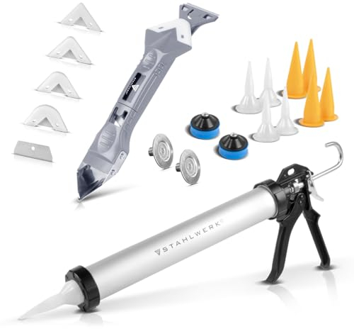 STAHLWERK Silikon-Pistole SP-600 ST mit Silikon-Spachtel 600 ml Aluminium-Kartuschenpresse | Kartuschenpistole inklusive Silikon-Schaber | Fugenabzieher | Fugenglätter | Silikon-Entferner