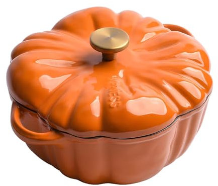 SAYEYBU Cazuela De Hierro Fundido con Forma De Calabaza, Cazuela Esmaltada con Forma De Calabaza De 3,7 L, Cazuela con Tapa para Calabaza, Cazuela para Guisos Y Sopa,Naranja,A