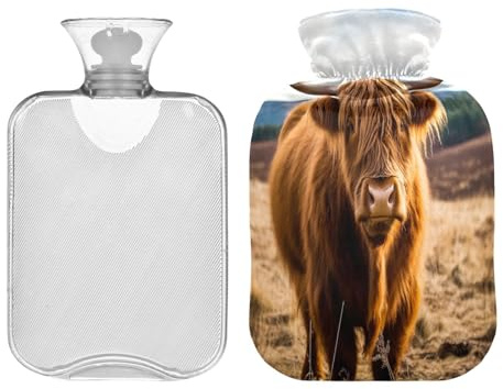 SKYSHU Highland Cow Hot Water Bottle, 1L Transparent Leakproof Hot Water Bag Washable Heat Resistant Water Bottle with Soft Plush Cover for Menstrual Cramps Neck and Shoulder Pain Relief