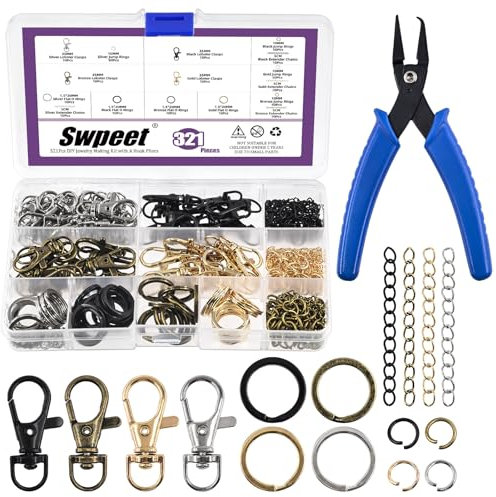 Swpeet Set di 321 portachiavi assortiti con pinze, 40 ganci girevoli per cordino, 1 pinza ad anello diviso, 40 anelli portachiavi, 40 catene di estensione, 200 anelli di salto, bronzo/nero/oro/argento