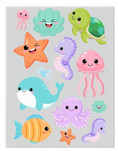 Meerestiere Bügelbilder-Set – Verschiedene Motive und Größen auf A4-Bogen – Zum Selbstgestalten von Textilien für Kinder & Erwachsene