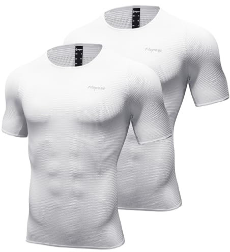 Nepest Men's Cycling Undershirt Short Sleeves, 2 Pack Biking Athletic Compression Base Layer,Mesh Cool Dry Sport Top White,M