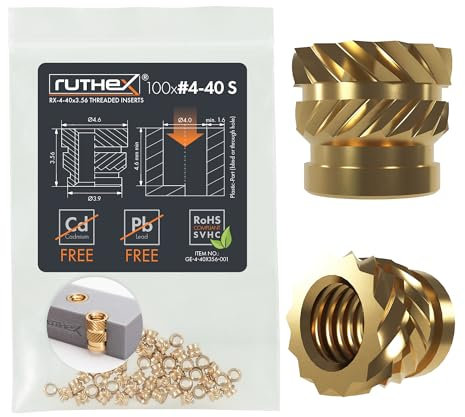 ruthex Gewindeeinsatz #4-40 SHORT UNC - 100 Stk. RX-4-40x3.56 BLEIFREIE Gewindebuchse aus Messing - stabile Einpressmutter - zum Einschmelzen einer Gewindehülse in 3D-Druck-Teile aus Kunststoff