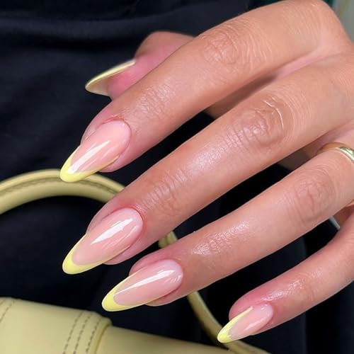 24Pcs Almond Press on Nails, French Tip Yellow Nude False Nails, Full Cover Fake Nail with Glue, Summer Nails Removable Stick On Nail, Acrylic Tips for Women Girls Nail Art Manicure Decoration