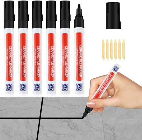6 PCS Tiles Grout Pen Black Wall Repair Pens Grout Reviver and Sealer Tile Pen Marker with 6 Replacement Nibs for Tile Grouting Wall Floor Bathrooms and Kitchen Floor Restoring Lines Anti-Grout Joints